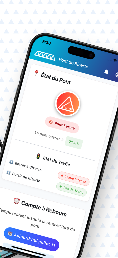 Pont-Bizerte.tn - Interfaz de la aplicación Pont-Bizerte.tn que muestra el estado del puente en tiempo real y la intensidad del tráfico