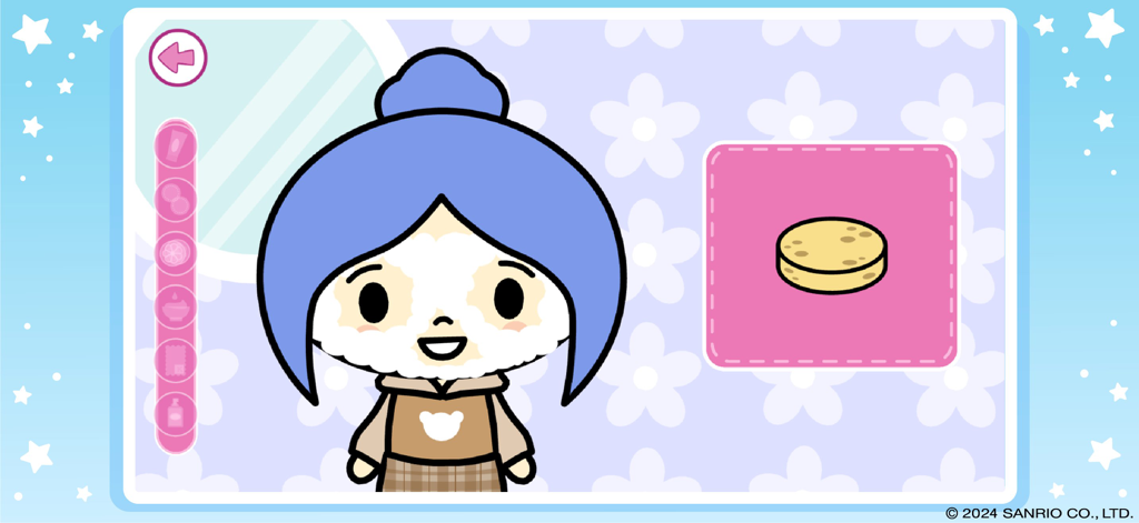 Hello Kitty: Beauty Salon - ハローキティ ビューティーサロンアプリで、青い髪のキャラクターが顔に泡をつけられ、スポンジでトリートメントを受けている様子。