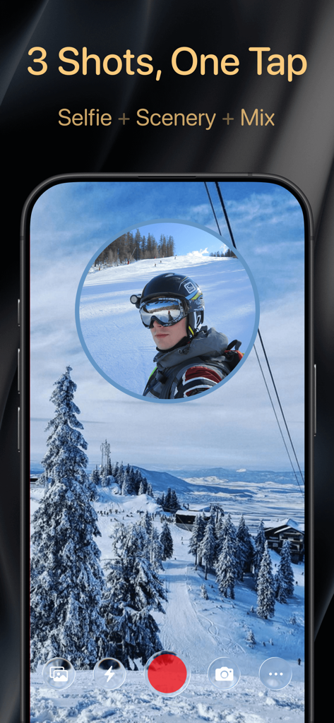 Pantalla de iPhone mostrando grabación con cámara dual de una persona esquiando con vistas de cámara frontal y trasera