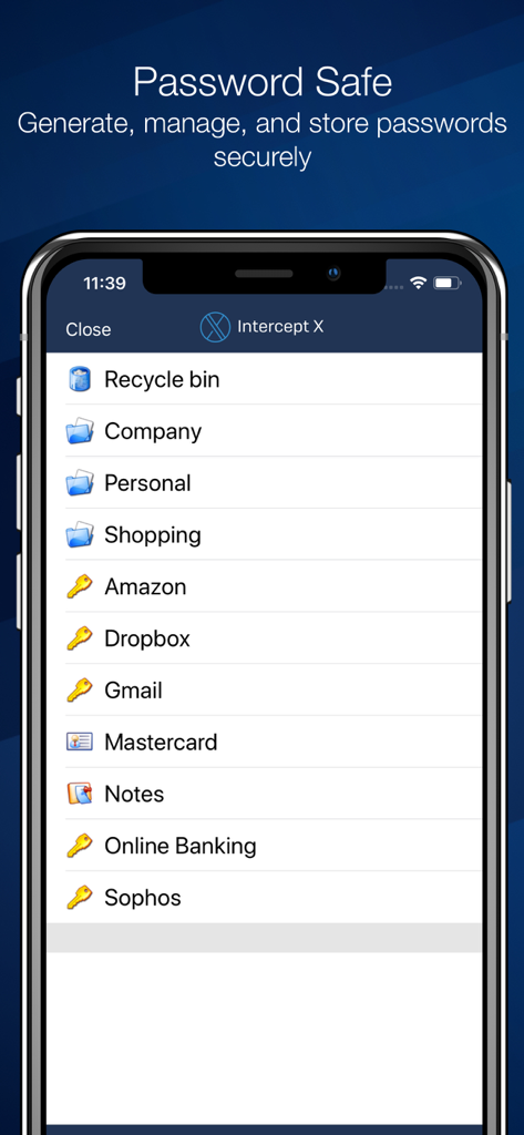 Sophos Intercept X for Mobile - Sophos Intercept X for Mobile Password Safe interface showing a list of stored account categories and service logins