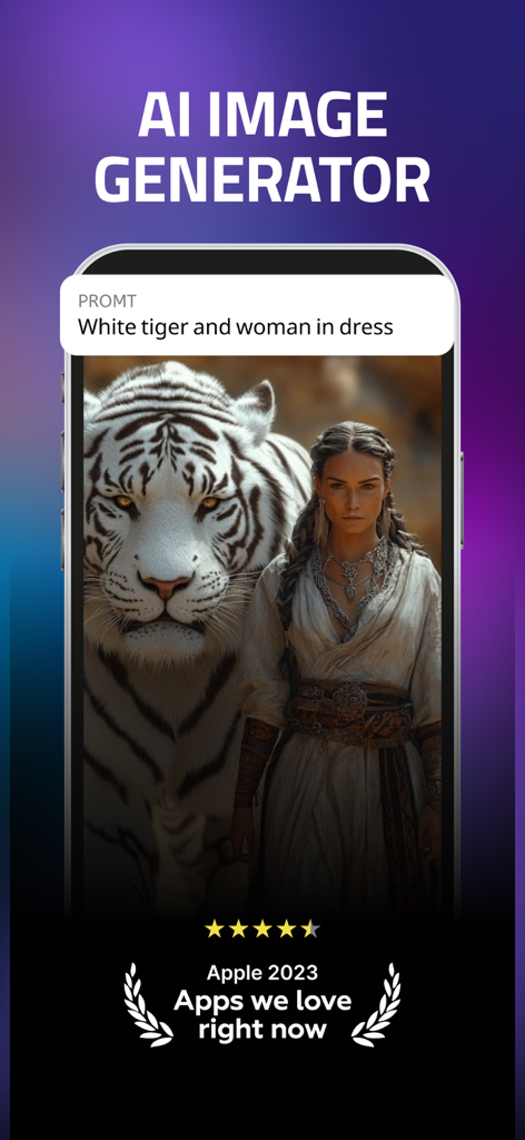 IMGIT - AI Images & Headshots - Interfaz de la aplicación IMGIT mostrando una imagen generada por IA de una mujer y un tigre blanco basada en una indicación de texto.