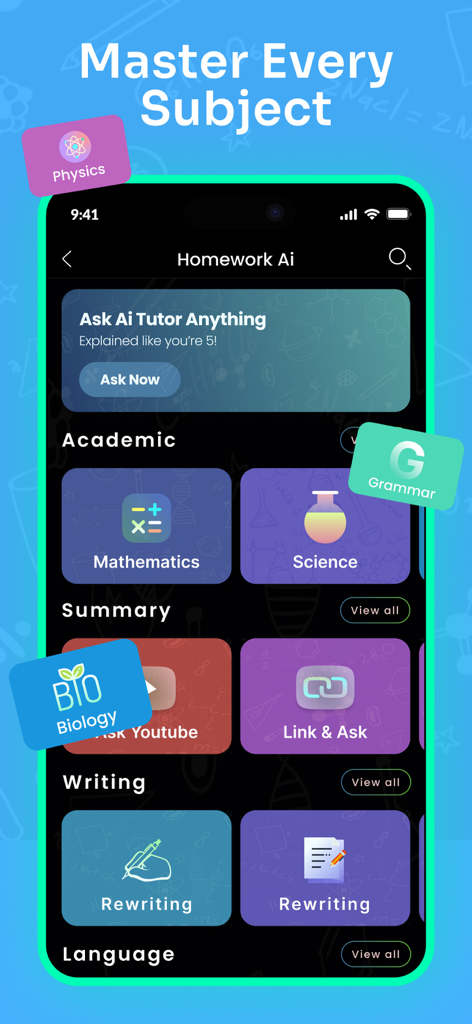 Math Solver:AI Homework Helper - Interface do aplicativo Math Solver apresentando matérias acadêmicas e ajuda de tutor de IA