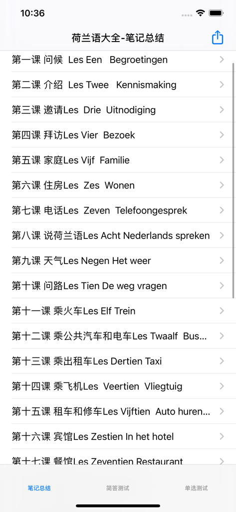 荷兰语大全 - A list of Dutch language lessons with Chinese translations covering topics like greetings family and transportation