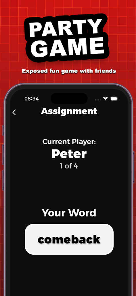 Mobile game assignment screen showing player Peter receiving the secret word comeback in the Fakeit party game.