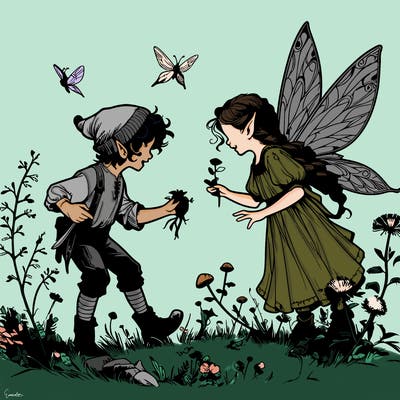 realistic fae girl and boy playing