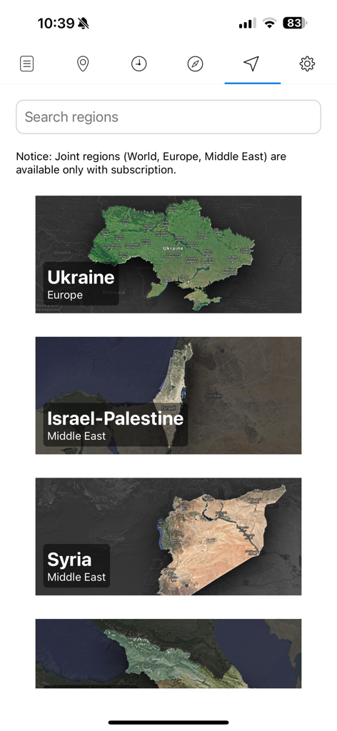 Liveuamap app screen showing geographical regions like Ukraine and Israel Palestine for map based news tracking