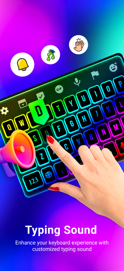 Neon Love Theme - A hand typing on a colorful neon keyboard showing various customized sound options.
