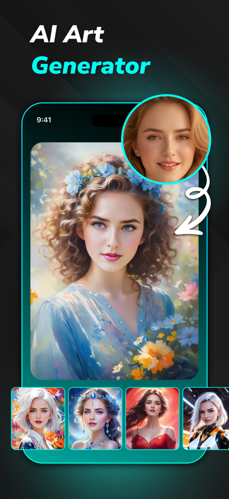Face Swap - AI Photo Editor - 様々な芸術的なポートレートに顔を交換する様子を示すAIアートジェネレーターインターフェイス