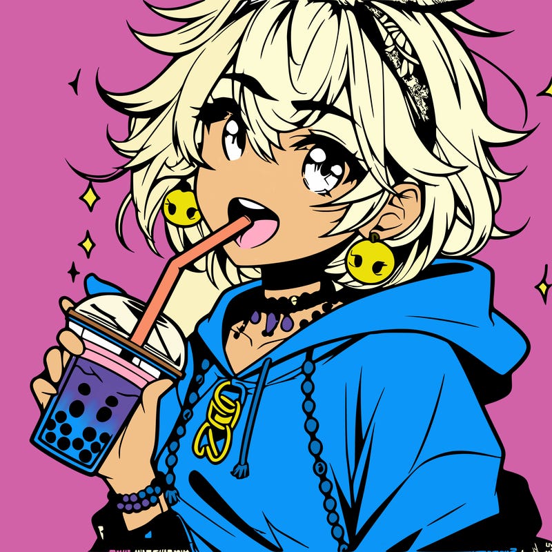hot baddie anime girl drinking boba and biting the straw