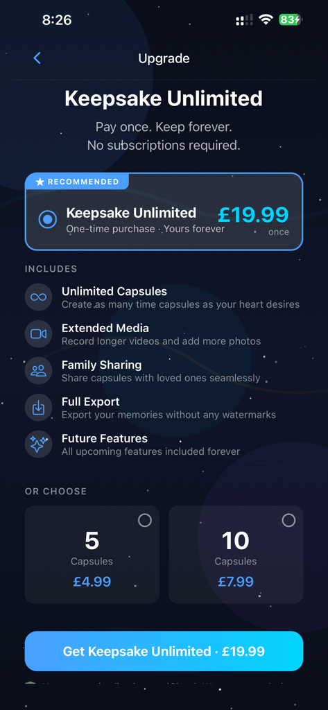 Keepsake Time Capsule - Keepsake Time Capsule upgrade screen showing pricing options for unlimited access and capsule packs with a list of premium features