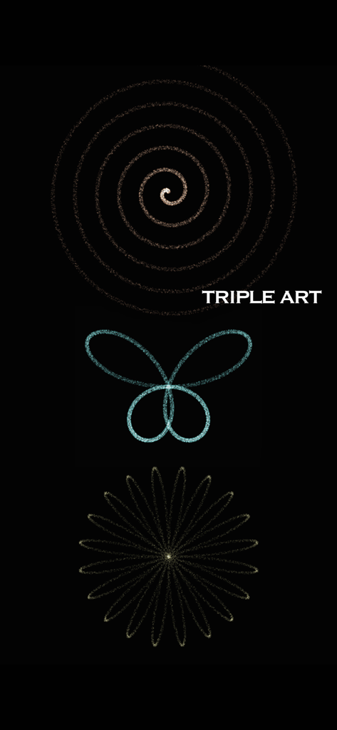 Triple A - Touch Visualizer - Formes abstraites de particules lumineuses, dont un papillon en spirale et un motif floral sur fond noir