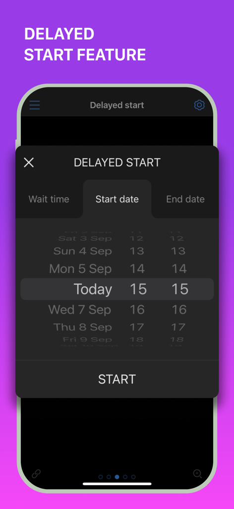 MultiTimer app showing the delayed start feature with a date and time picker on an iPhone screen.