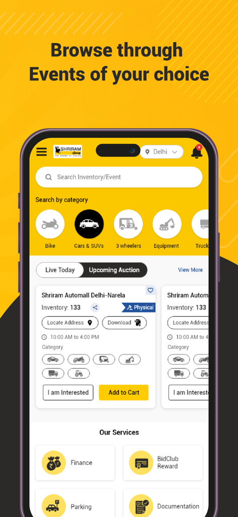 MySAMIL - MySAMIL mobile app home screen showing search categories and live auction events for used vehicles and equipment.