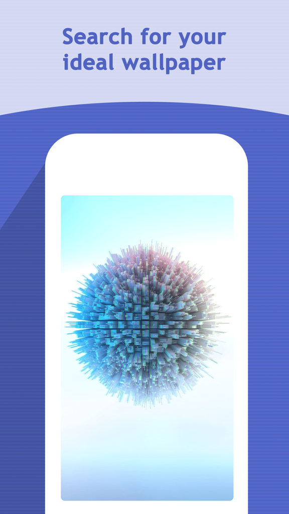 3D Wallpapers Backgrounds - アプリの検索セクションで、3Dブロック球体の壁紙をプレビューするスマートフォンの画面。