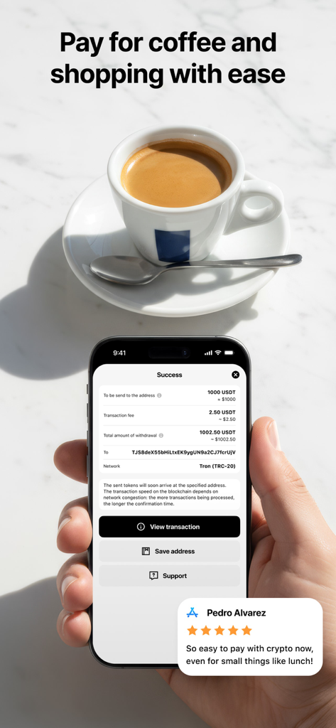 Cropty wallet – Bitcoin & USDT - A person holding a smartphone showing a successful USDT transaction in the Cropty app next to a cup of espresso