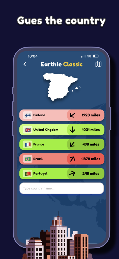 Earthle Classic mobile game screen with country outline and distance clues