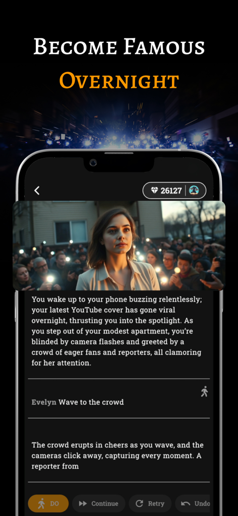 Gameplay of FableAI showing an interactive story about a viral social media star with AI-generated images.