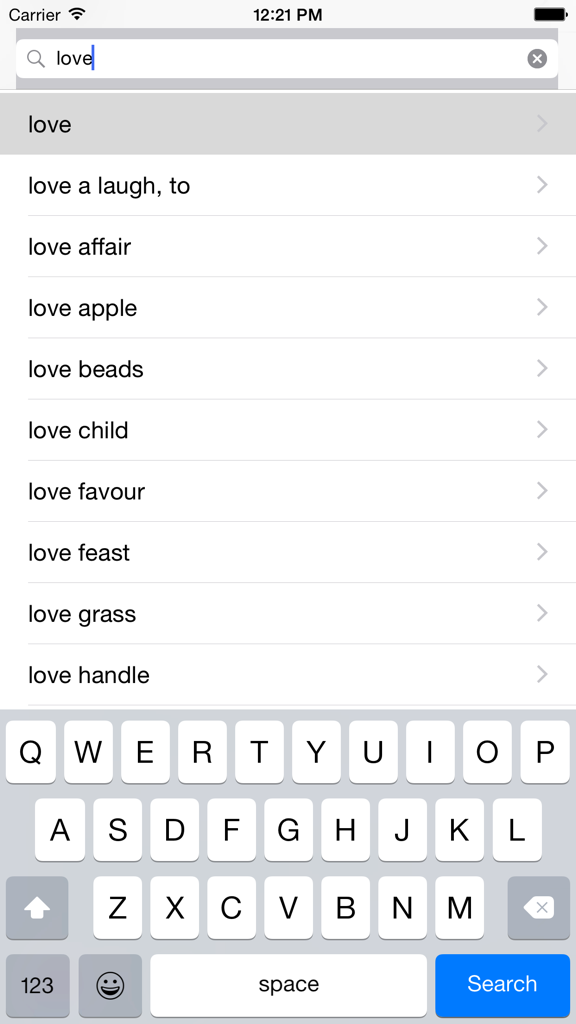 English Romanian best dictionary translator - Engleză română cel mai bun dicționar traducere - Pantalla de búsqueda de la aplicación de diccionario inglés rumano que muestra sugerencias de palabras para el término amor.