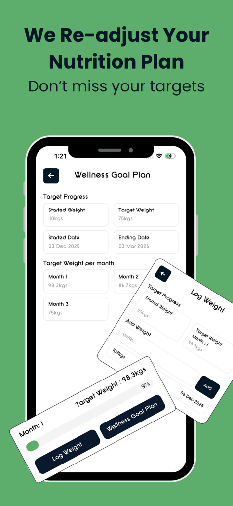 NM: AI Meal Planner & Wellness - NM mobile app showing weight tracking and nutrition plan progress screens