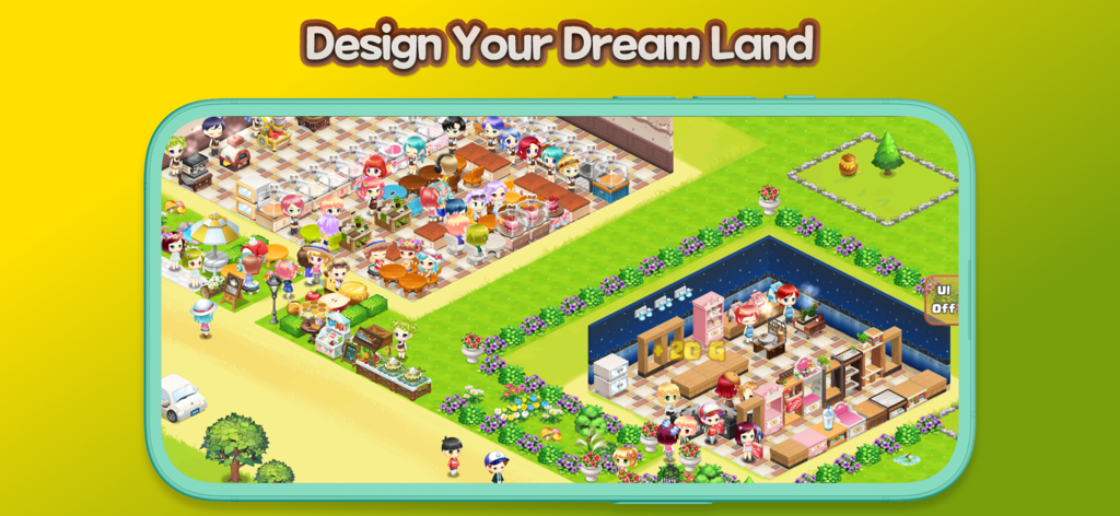 Hello Coffee Shop - A screenshot of Hello Coffee Shop game showing interior cafe design and outdoor garden decoration