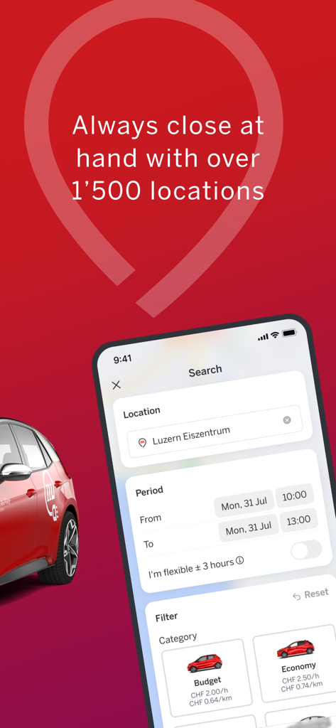 Mobility carsharing app search screen for booking a vehicle across multiple locations