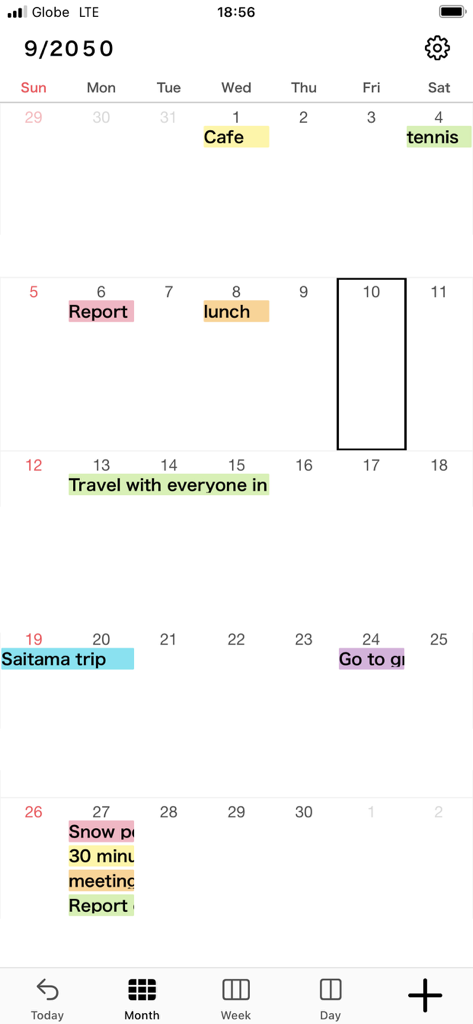A minimalist monthly calendar interface showing color-coded event labels and scheduled tasks