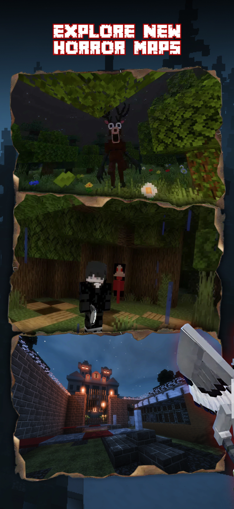 A compilation of Minecraft screenshots featuring a creepy deer monster in a forest, a mysterious figure in the woods, and a large haunted mansion at night