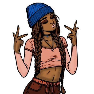 realistic teenage girl with braids and a beanie and crop top doing 🫶🏼