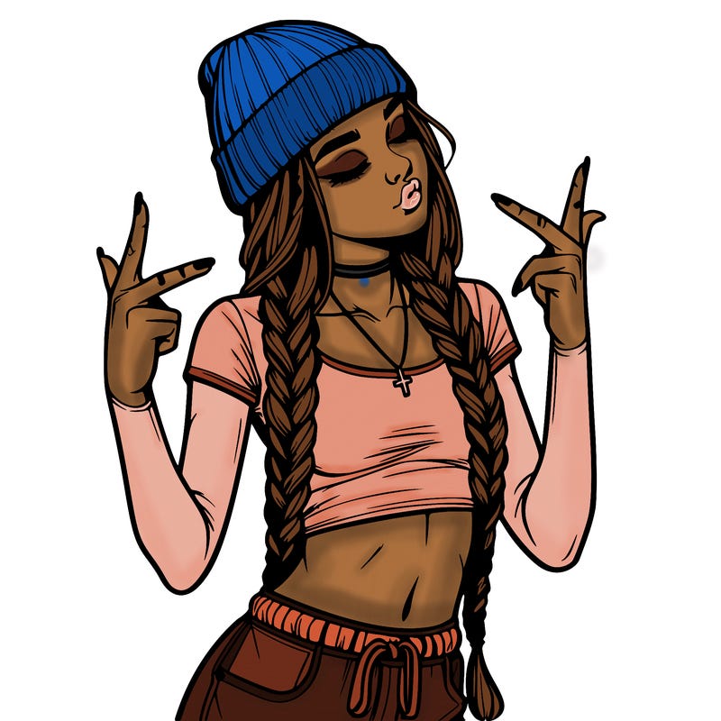realistic teenage girl with braids and a beanie and crop top doing 🫶🏼
