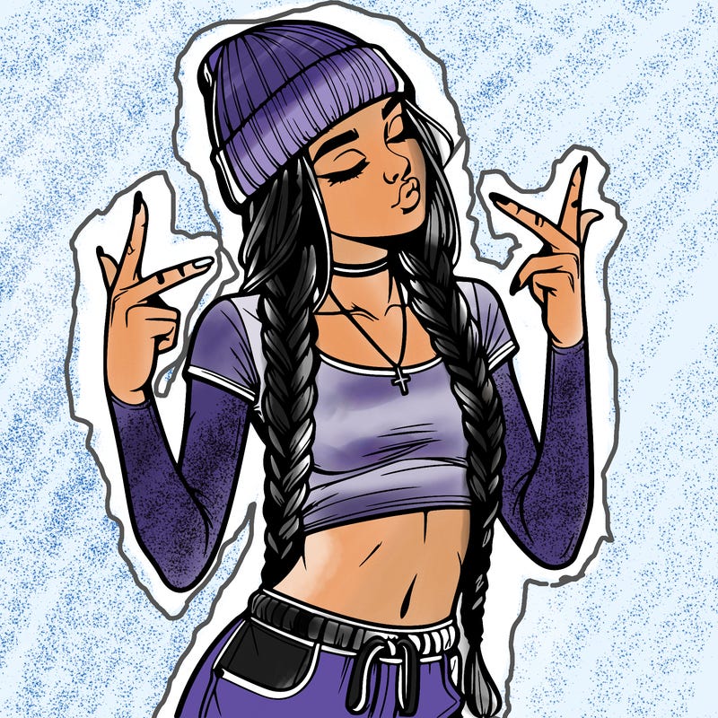 realistic teenage girl with braids and a beanie and crop top doing 🫶🏼