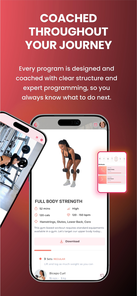 ELEV8 : Train with Structure - Pantalla de smartphone que muestra un entrenamiento de fuerza de cuerpo completo en la aplicación de fitness ELEV8 con una mujer realizando remos con mancuernas.