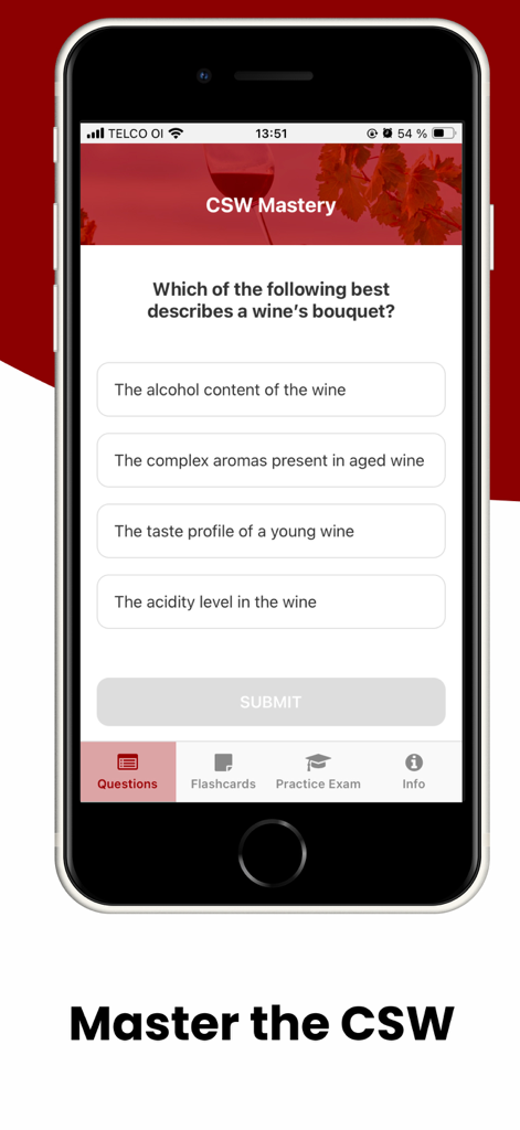 CSW Mastery - A smartphone displaying a multiple choice wine theory question about wine bouquet on the CSW Mastery app.