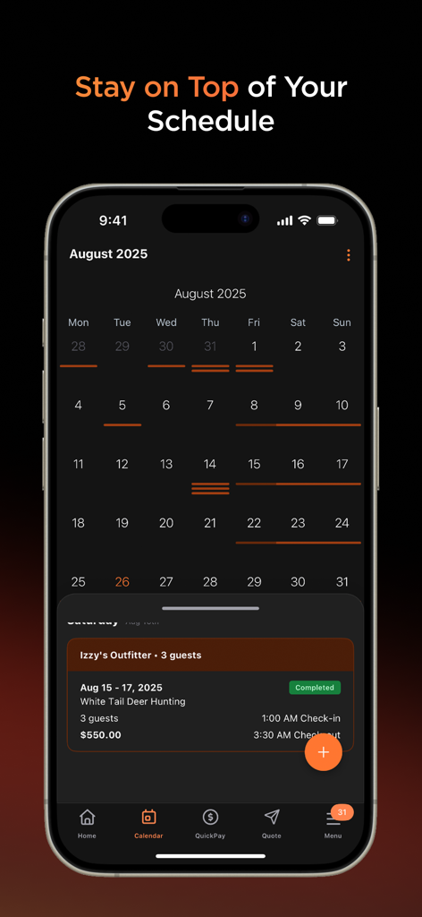 Mallard Bay For Guides app interface showing a monthly booking calendar and trip details for a hunting outfitter