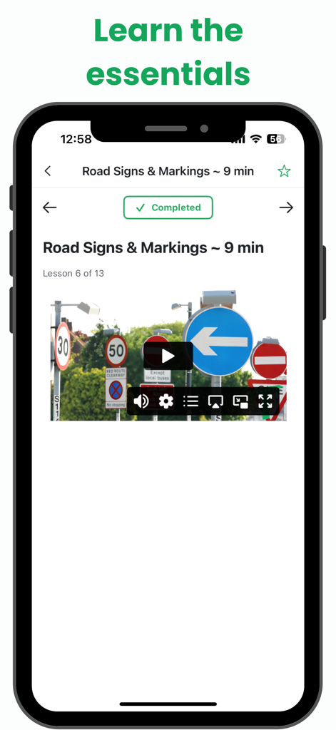Tripiamo - Tripiamo app interface showing a lesson on road signs and markings with a video tutorial.