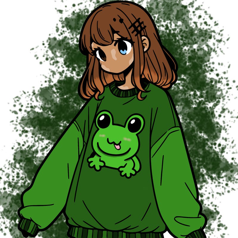 girl wearing frogging sweatshirt