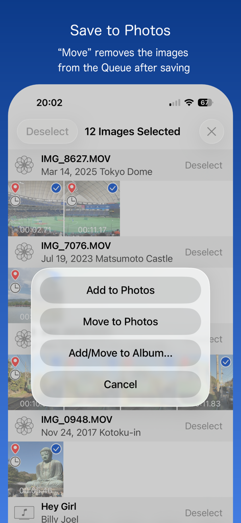 Frame Grab - Uno screenshot dell'interfaccia dell'app Frame Grab che mostra un elenco di fotogrammi video estratti con un menu a comparsa contenente opzioni per aggiungere o spostare immagini nell'app Foto.