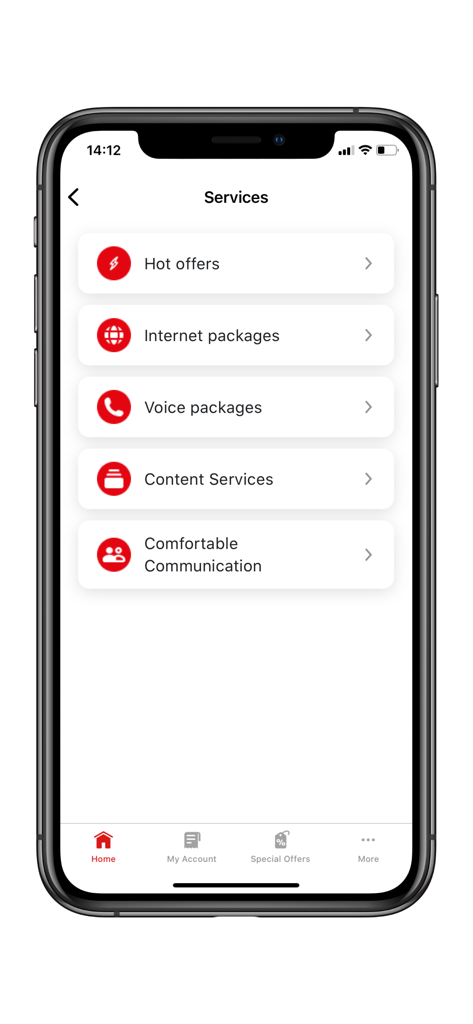 My-Viva - My-Viva mobile app services screen listing internet and voice packages.