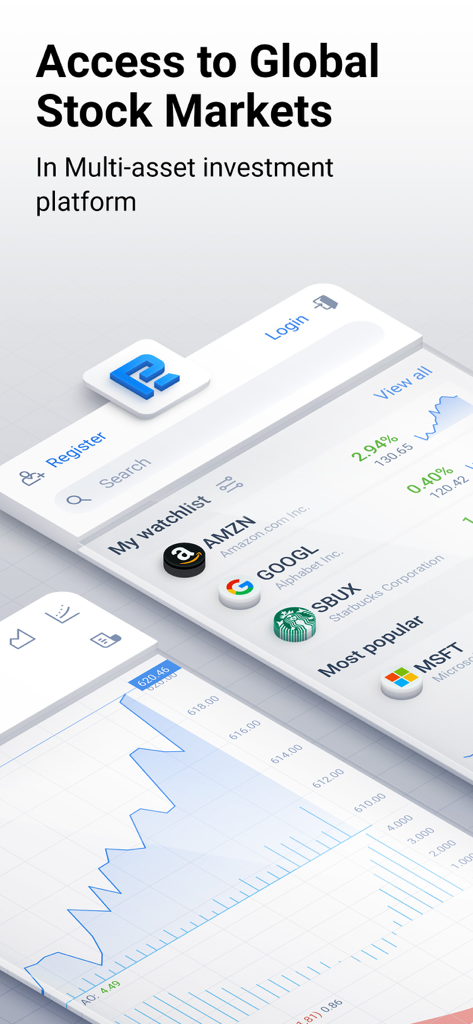 RoboMarkets Stocks Trader - Interfaz de la aplicación RoboMarkets que muestra una lista de seguimiento de acciones y gráficos de precios en tiempo real para los mercados globales