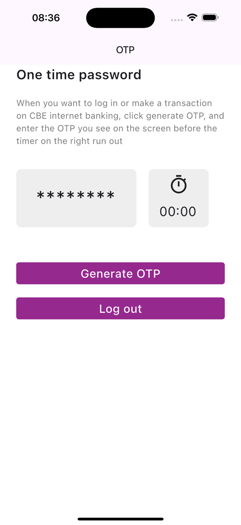 CBE Soft Token - The one time password generation screen of the CBE Soft Token app with buttons for Generate OTP and Log out.