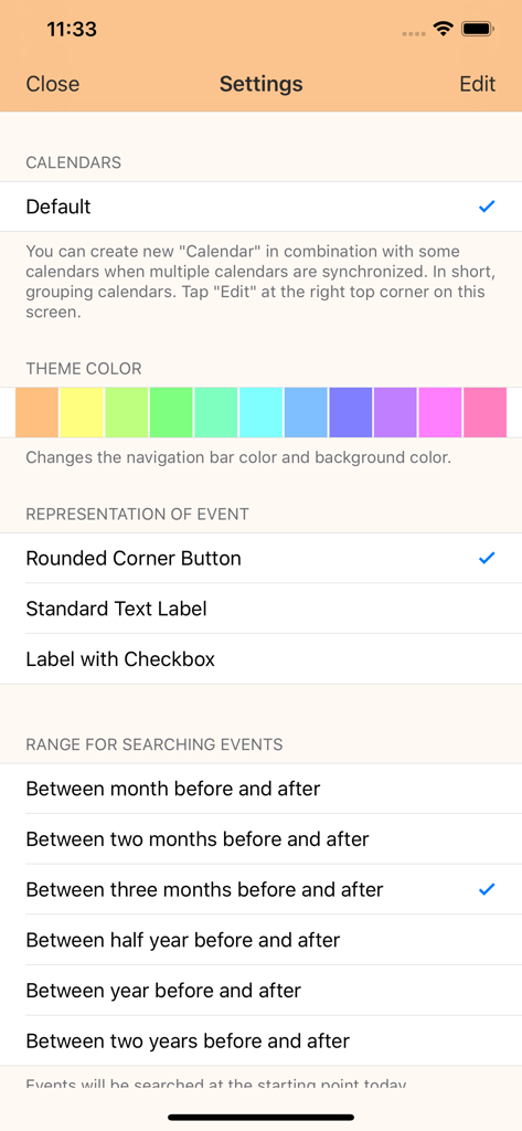 MagiCal2 app settings menu displaying theme color selection and event display options