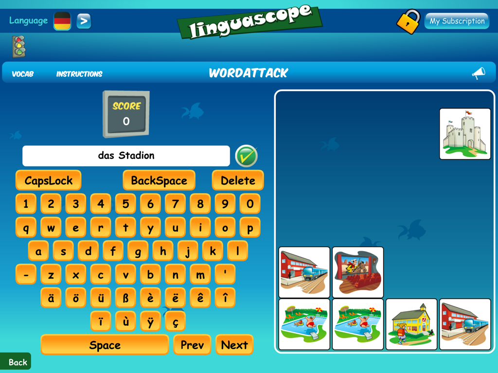 Linguascope Beginners - Linguascope Beginners Wordattack game screen for learning German vocabulary