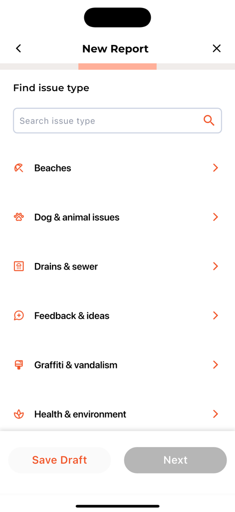 Benutzeroberfläche der Antenno-App mit einer Liste von Kategorien wie Graffiti und Tierkontrolle für die Erstellung einer neuen Meldung