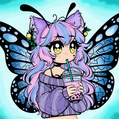 a realistic butterfly/furry girl drinking boba
