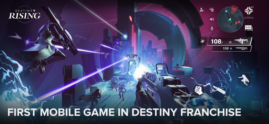 Capture d'écran de gameplay mobile de Destiny Rising montrant un combat de jeu de tir de science-fiction à la première personne