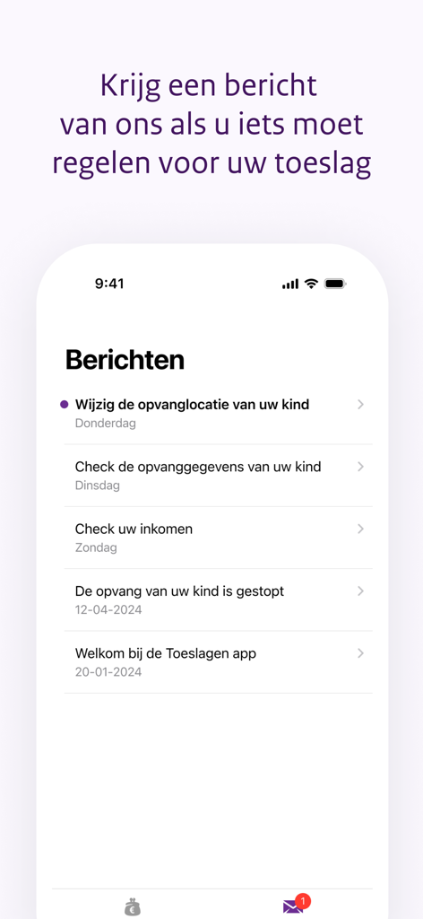 Pantalla de mensajes en la aplicación Toeslagen que muestra notificaciones de actualizaciones de subsidios
