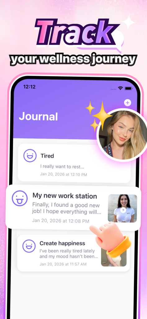 Bliss - Find Your Joy - Blissアプリのウェルネスジャーナルのインターフェース。写真と絵文字付きの気分追跡エントリが表示されています。
