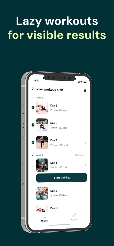 My Personal Challenge - Schermata iPhone che mostra un piano di fitness di 28 giorni con brevi allenamenti giornalieri