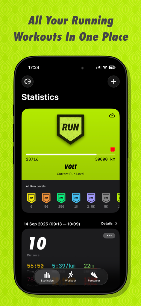 The statistics dashboard of the RUN app showing workout data achievement levels and distance tracked