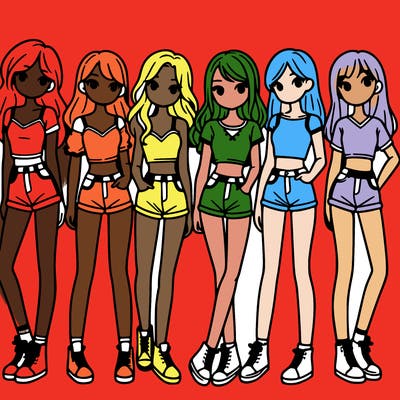 a group of girls wearing crop tops and shorts