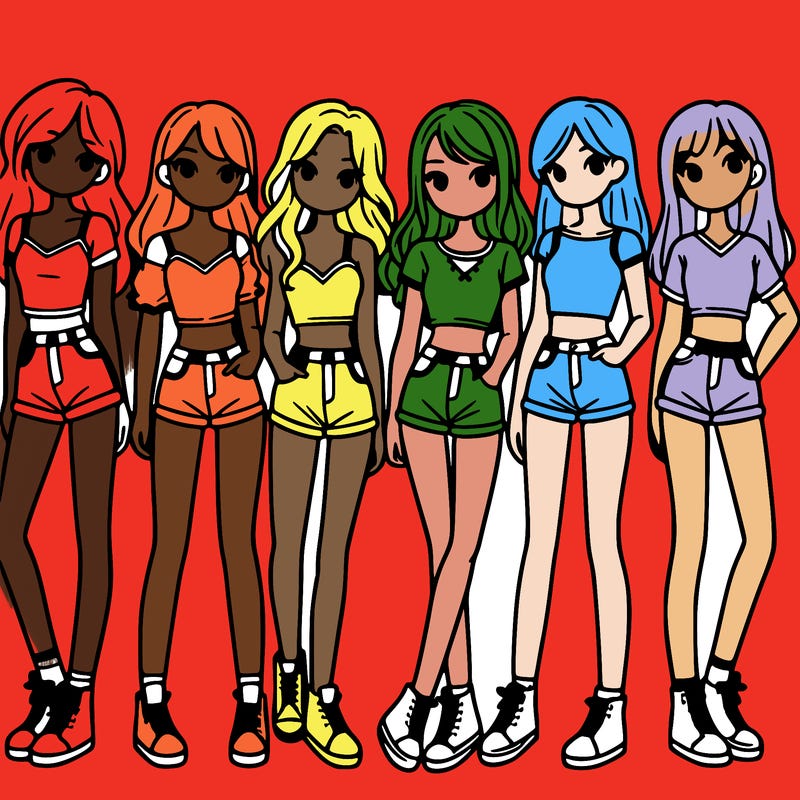 a group of girls wearing crop tops and shorts